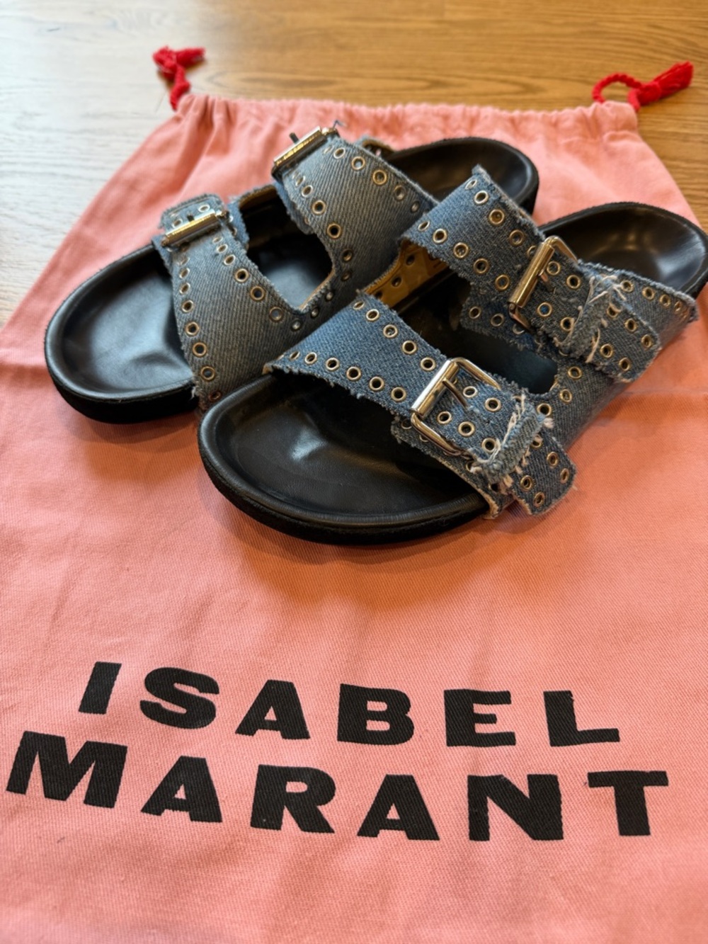 Isabel Marant Frayed Denim Double-Buckle Sandals - Black Footbed